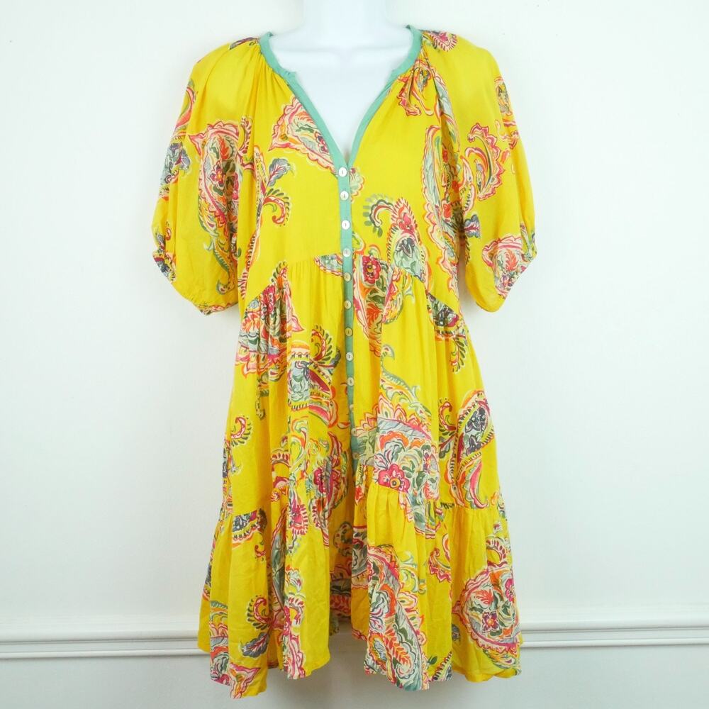 Karyn Seo Yellow Paisley Mini Dress Boho Indian Cotton Ruffle Tiered Vacation
